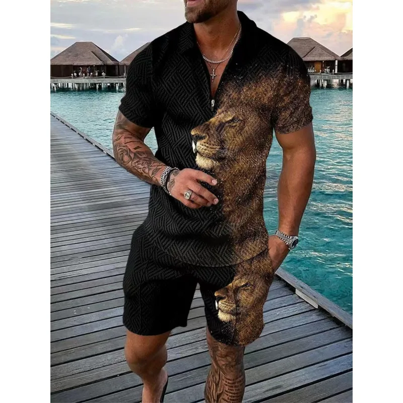 European and American Summer POLO Suit Two-piece Men's Lapel Zipper Lion Print Short-sleeved T-shirt and Shorts Casual Sports
European and American Summer POLO Suit Two-piece Men's Lapel Zipper Lion Print Short-sleeved T-shirt and Shorts Casual Sports