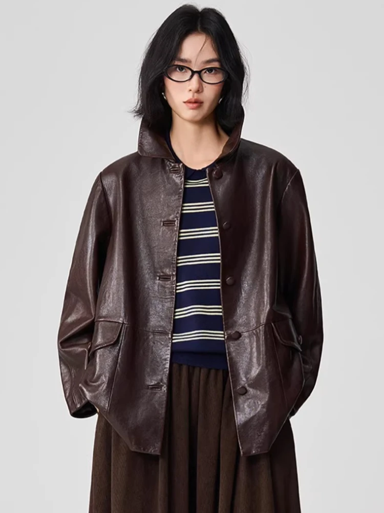 Vintage Genuine Leather Blazer Jackets for Women Spring Autumn 2026 New High-end Simple Classic Loose Oil Wax Real Goatskin Coat
Vintage Genuine Leather Blazer Jackets for Women Spring Autumn 2026 New High-end Simple Classic Loose Oil Wax Real Goatskin Coat