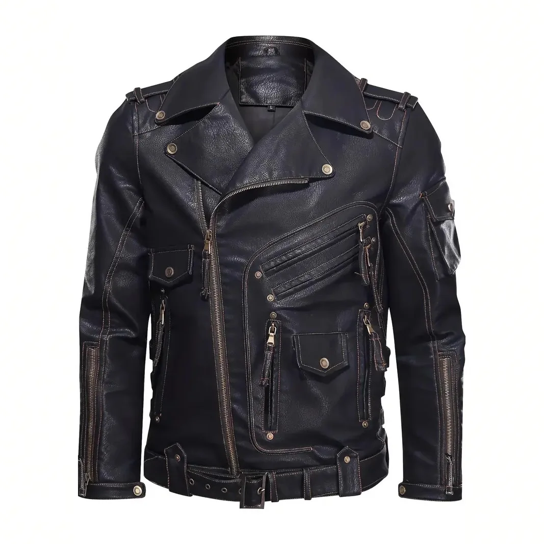 Cross border foreign trade high-quality men's multi pocket zipper motorcycle leather jacket, retro lapel jacket
Cross border foreign trade high-quality men's multi pocket zipper motorcycle leather jacket, retro lapel jacket
