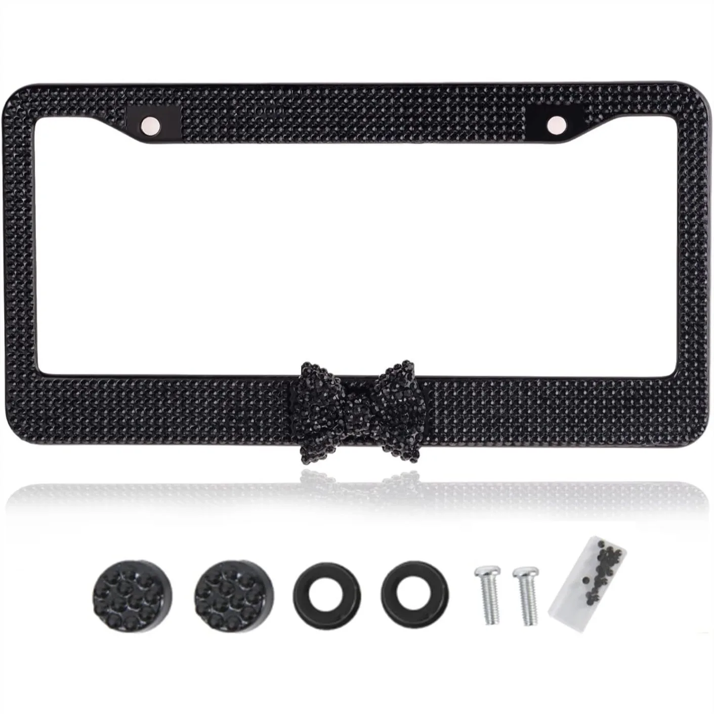 Rhinestone License Plate Frame with Black Bowknot, Universal Fit Car Tag Holder for Women
Rhinestone License Plate Frame with Black Bowknot, Universal Fit Car Tag Holder for Women