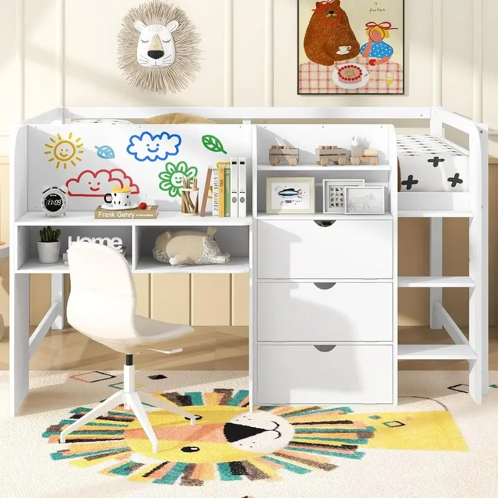 White Wooden Loft Bed with Desk, Shelves, Whiteboard, Storage, and Ladder for Kids' Rooms
White Wooden Loft Bed with Desk, Shelves, Whiteboard, Storage, and Ladder for Kids' Rooms