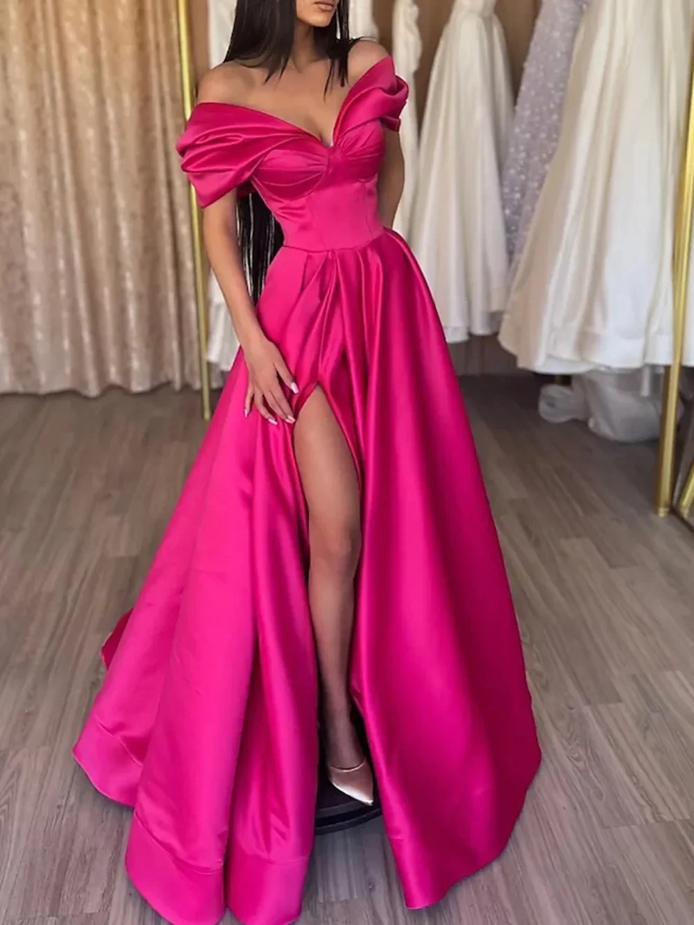 Evening Dress Prom V-Neck Card Shoulder Short Sleeves Satin High Slit Pink Elegant Simple Style To Floor Length 2023
Evening Dress Prom V-Neck Card Shoulder Short Sleeves Satin High Slit Pink Elegant Simple Style To Floor Length 2023