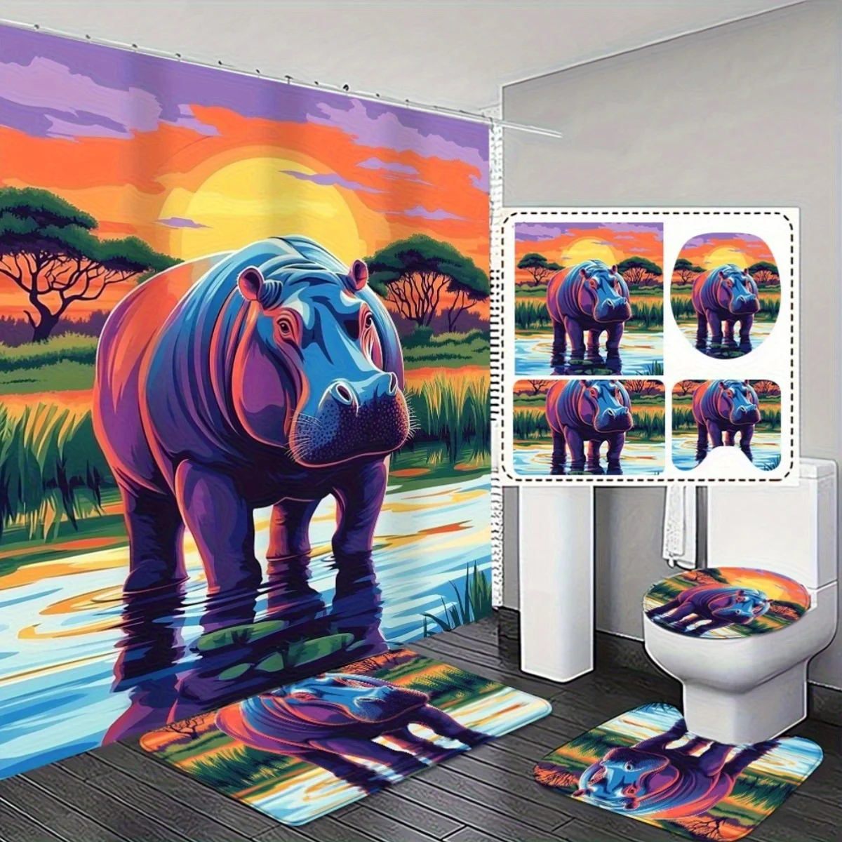 4pcs Colorful Hippo Print Shower Curtain and Non-Slip Bath Mat Set - Trendy and Hot-Selling Bathroom Decor for a Vibrant
4pcs Colorful Hippo Print Shower Curtain and Non-Slip Bath Mat Set - Trendy and Hot-Selling Bathroom Decor for a Vibrant