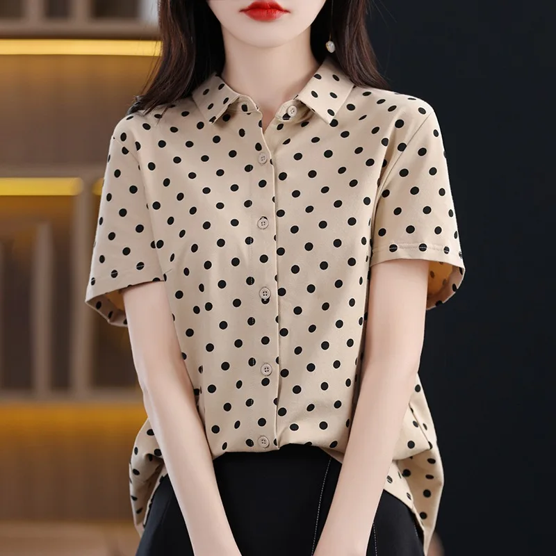 25 Spring and summer new women's printed shirt cotton polka dot lapel shirt short-sleeved outer wear casual cardigan wholesale
25 Spring and summer new women's printed shirt cotton polka dot lapel shirt short-sleeved outer wear casual cardigan wholesale