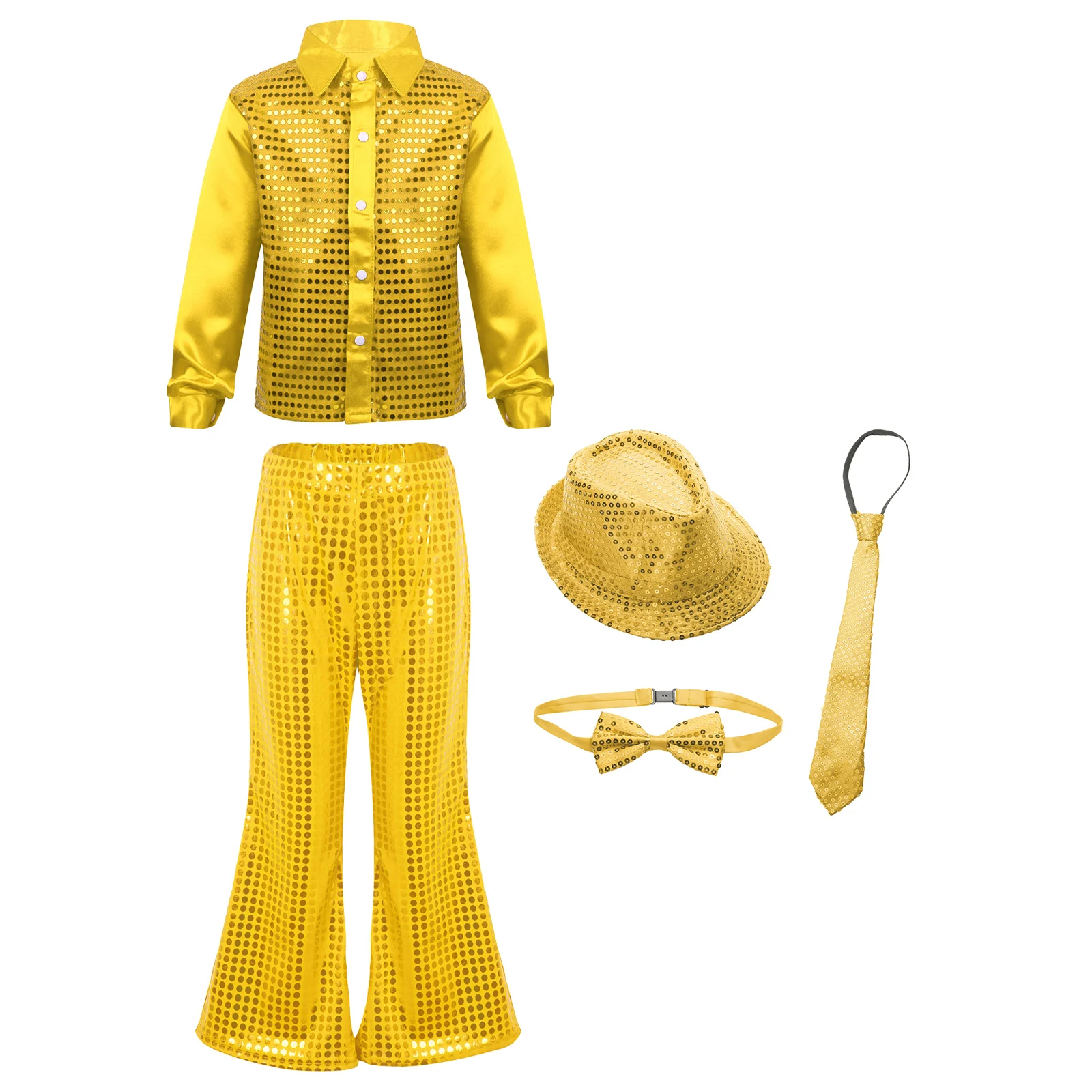 New Kids Boys Dance Performance Costumes Glittery Sequined Long Sleeves Spread Collar Shirt with Flared Pants Hat Bowtie Necktie
New Kids Boys Dance Performance Costumes Glittery Sequined Long Sleeves Spread Collar Shirt with Flared Pants Hat Bowtie Necktie