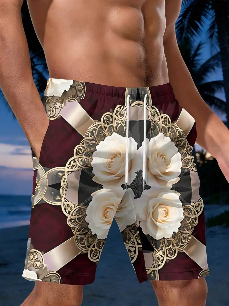 Mens 3D Printed Beach Shorts Featuring White Roses And Intricate Gold-Tone Ornamental Pattern For Summer Occasions
Mens 3D Printed Beach Shorts Featuring White Roses And Intricate Gold-Tone Ornamental Pattern For Summer Occasions