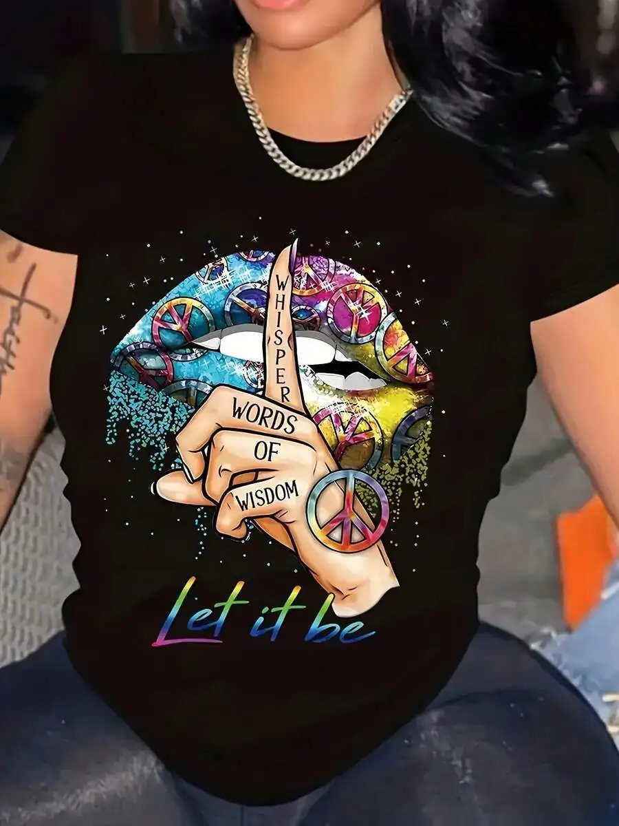 Womens Loose Fit Short Sleeve Tee With Rainbow Lip Art, Peace Symbol, And Let It Be Slogan, Y2K Style Graphic Top
Womens Loose Fit Short Sleeve Tee With Rainbow Lip Art, Peace Symbol, And Let It Be Slogan, Y2K Style Graphic Top