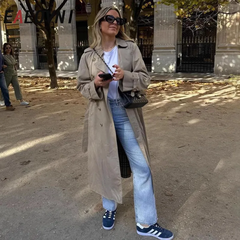 EAEOVNI 2025 Spring New Women's Trench Coat Fashion Lapel Double Breasted Belt Long Windbreaker Casual Female Clothing 1A546
EAEOVNI 2025 Spring New Women's Trench Coat Fashion Lapel Double Breasted Belt Long Windbreaker Casual Female Clothing 1A546