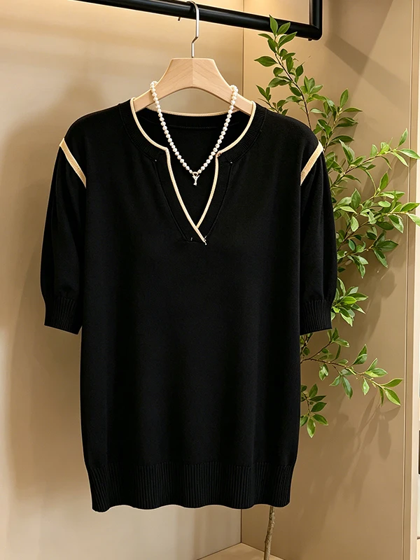 Slimming Ice Silk Knitted T-Shirt V-Neck Short Sleeve Base Layer Top for plus Size Women Summer New Arrival Korean Style Commute
Slimming Ice Silk Knitted T-Shirt V-Neck Short Sleeve Base Layer Top for plus Size Women Summer New Arrival Korean Style Commute