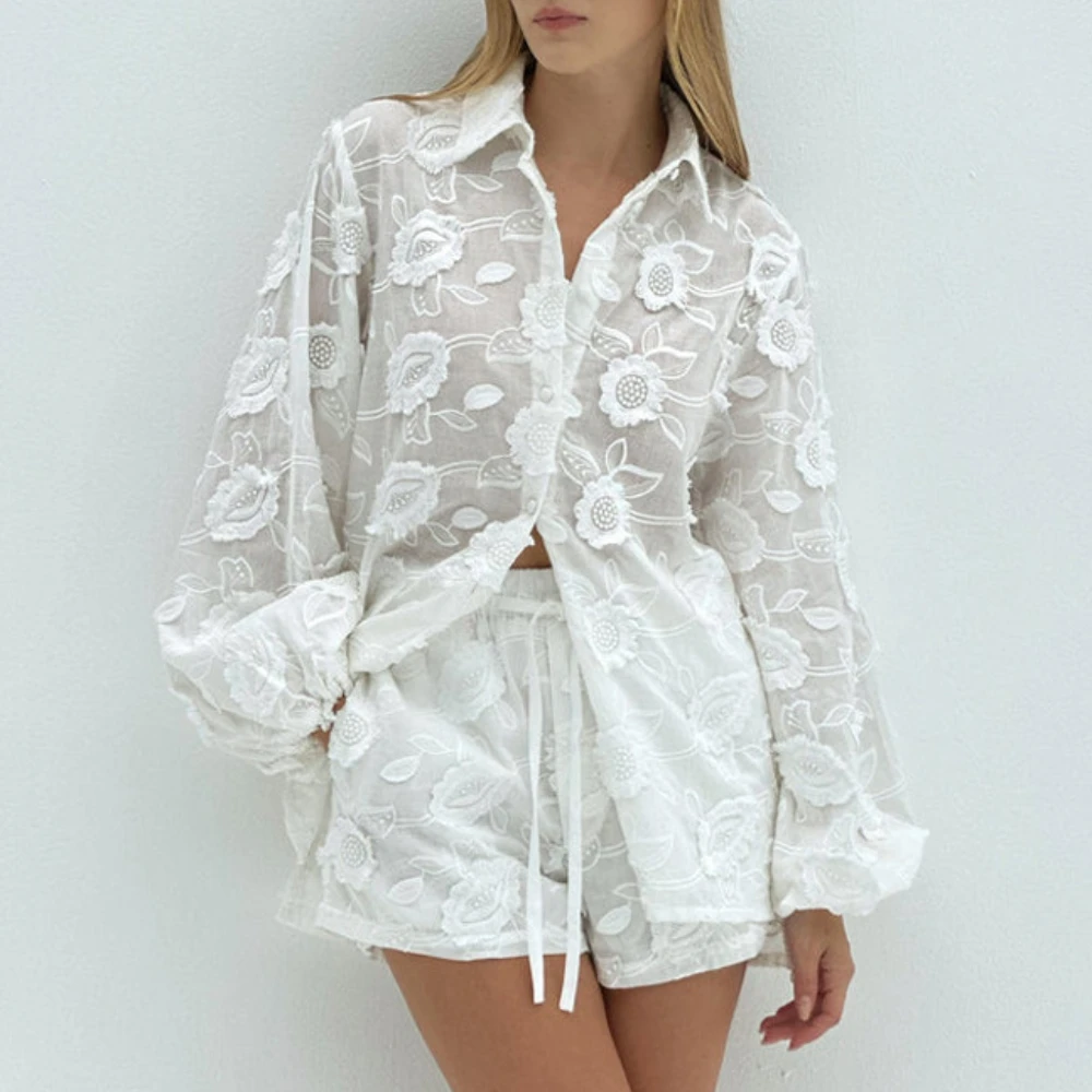 Cotton 3D Floral Embroidered Womens Two Peice Sets Outfit Sheer Blouses Shirts High Waisted Shorts Summer Boho Beach Wear Suits
Cotton 3D Floral Embroidered Womens Two Peice Sets Outfit Sheer Blouses Shirts High Waisted Shorts Summer Boho Beach Wear Suits