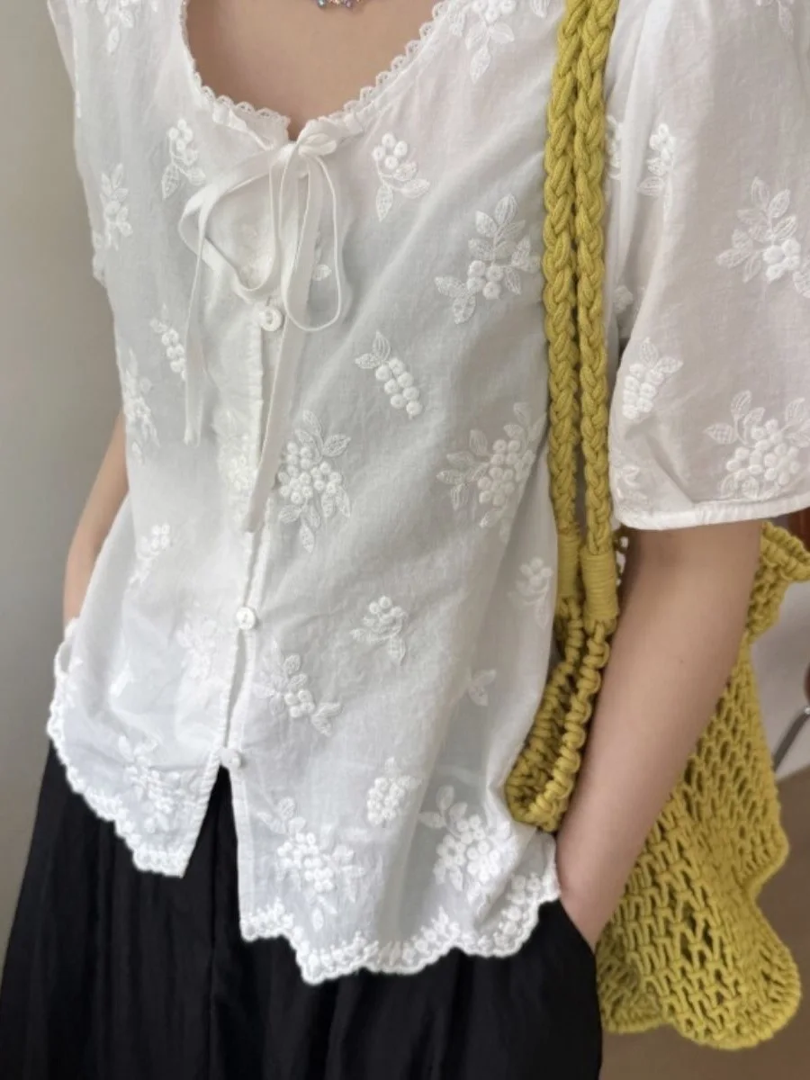 Sweet Style Embroidered Short Sleeve Shirt Women Summer round Neck Tie Loose Anti-Aging Design Small Size Open Cardigan
Sweet Style Embroidered Short Sleeve Shirt Women Summer round Neck Tie Loose Anti-Aging Design Small Size Open Cardigan