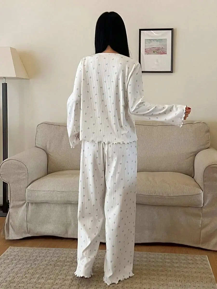 Women Knit Pajama Set With Bow Detail Fall Winter Sleepwear
Women Knit Pajama Set With Bow Detail Fall Winter Sleepwear