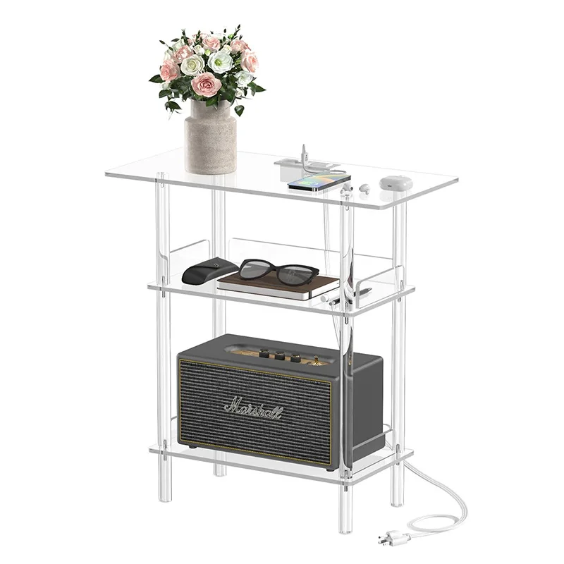 Transparent three-layer bedside table, coffee table, transparent sofa edge, simple three-layer storage with socket