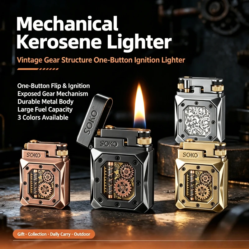New Retro Gear Linkage Flint Lighter Visible Oil Tank Dual Cotton Wick Side Slide Ignition Collectible Smoking Accessory
New Retro Gear Linkage Flint Lighter Visible Oil Tank Dual Cotton Wick Side Slide Ignition Collectible Smoking Accessory