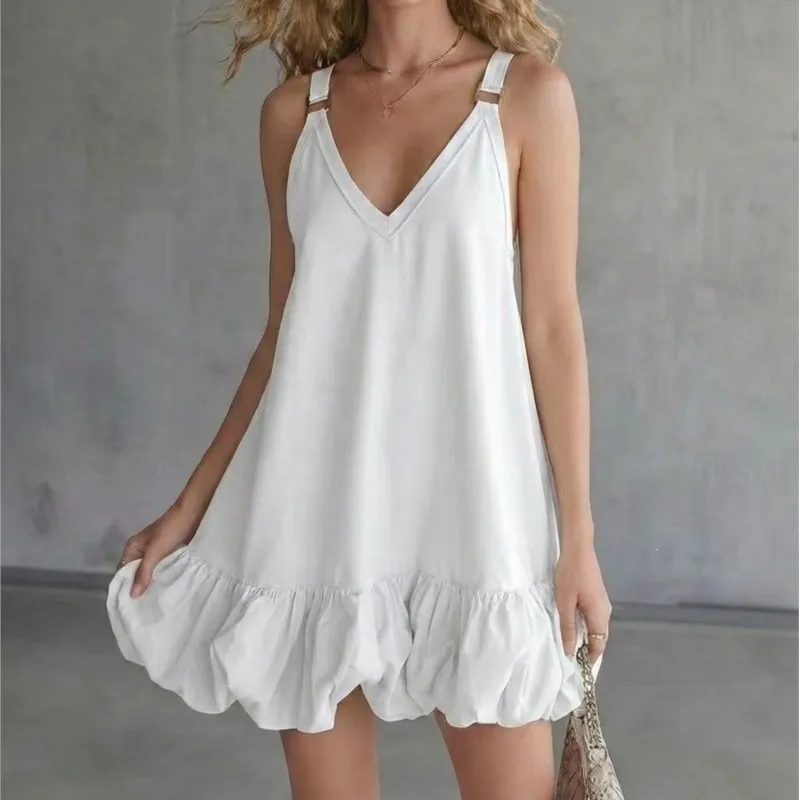 Women's Summer Simple Ruffled Flower Bud Dress Fashion Solid Color V-neck Loose Mini Dresses Ladies Sleeveless Sling Vestidos
Women's Summer Simple Ruffled Flower Bud Dress Fashion Solid Color V-neck Loose Mini Dresses Ladies Sleeveless Sling Vestidos