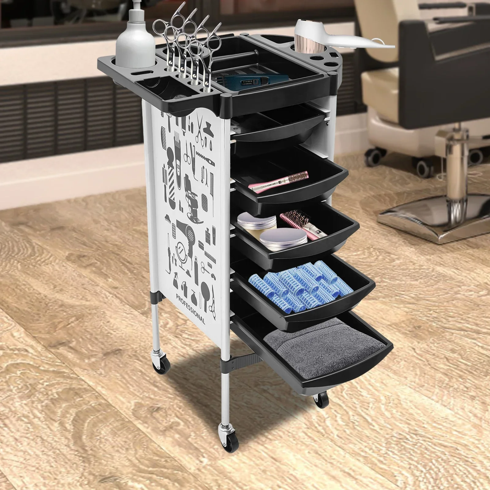 Hairdressing Salon Cart Commercial Large Load-bearing Trolley With 5 Drawers Storage For Salon Supplies And Cosmetic Appliances
Hairdressing Salon Cart Commercial Large Load-bearing Trolley With 5 Drawers Storage For Salon Supplies And Cosmetic Appliances