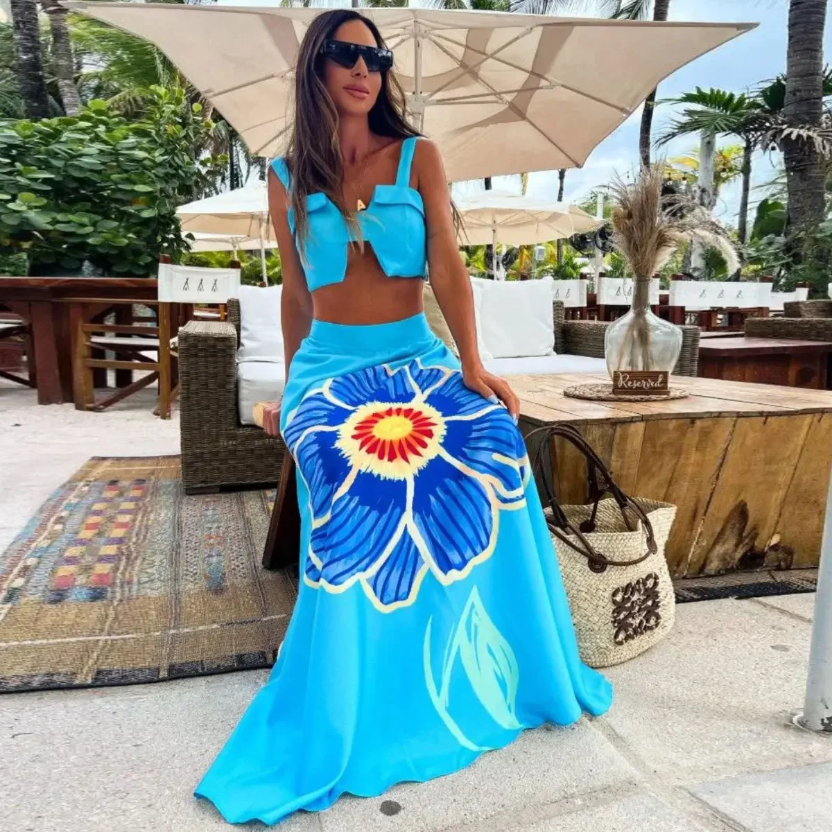 Summer Holiday Skirt Sets Women Fashion Print Vacation Beach Two Piece Outfits Summer Blue Top and Maxi Skirt Matching Set 2025
Summer Holiday Skirt Sets Women Fashion Print Vacation Beach Two Piece Outfits Summer Blue Top and Maxi Skirt Matching Set 2025
