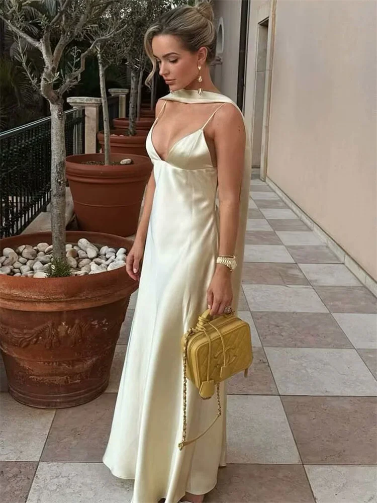 Tossy Summer Satin Fashion Long Dress For Women Scarf V-Neck Backless High Waist Spaghetti Dress Evening Female Elegant Dress 
Tossy Summer Satin Fashion Long Dress For Women Scarf V-Neck Backless High Waist Spaghetti Dress Evening Female Elegant Dress