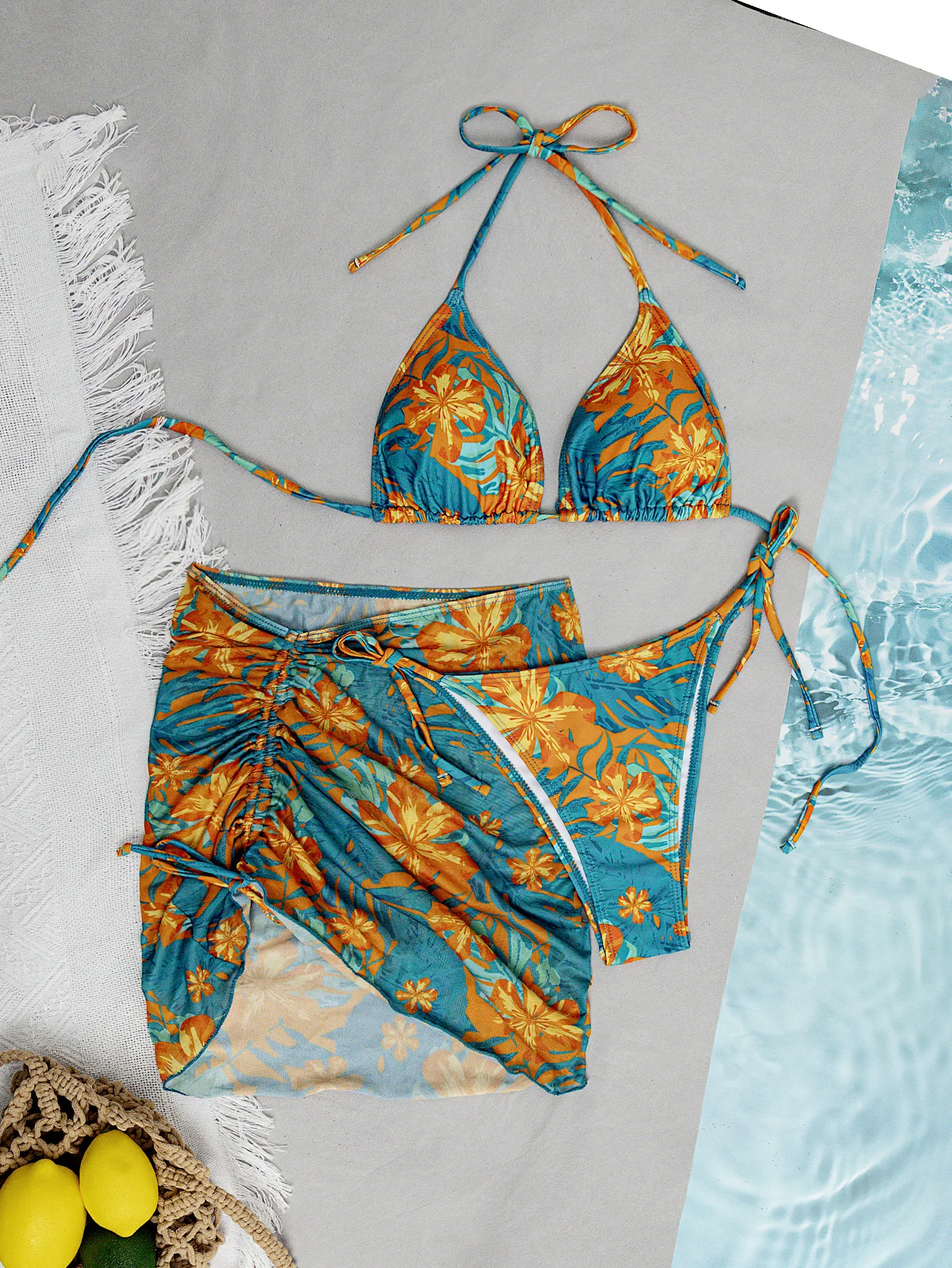 Women's Bikini Swimsuit Set, Green and Orange Tropical Plant Print Three-Piece Swimsuit, Sexy Tie-Up Triangle Bottoms with Mesh Skirt
Women's Bikini Swimsuit Set, Green and Orange Tropical Plant Print Three-Piece Swimsuit, Sexy Tie-Up Triangle Bottoms with Mesh Skirt