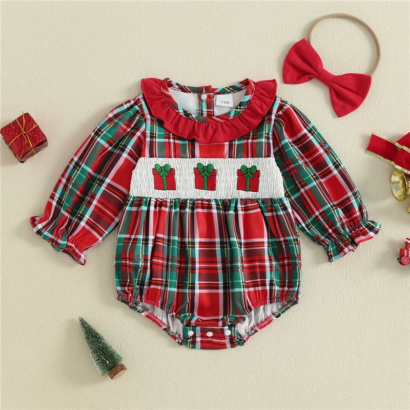 Newborn Infant Baby Girl Christmas Plaid Romper Long Sleeve Ruffled Round Neck Tree Embroidery Jumpsuit with Bow Headband
Newborn Infant Baby Girl Christmas Plaid Romper Long Sleeve Ruffled Round Neck Tree Embroidery Jumpsuit with Bow Headband
