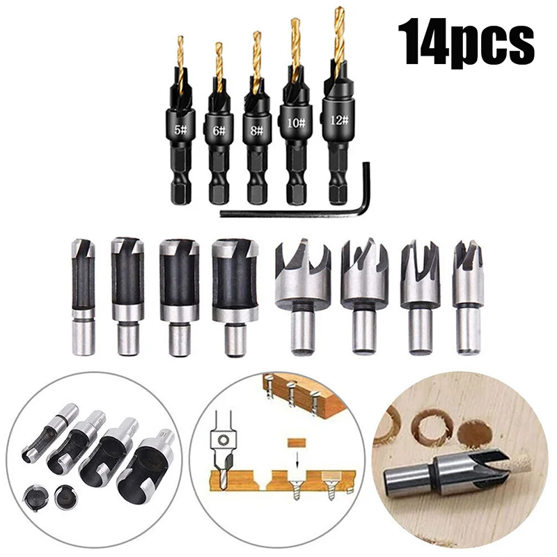 14Pcs Countersink Drill Bit High Speed Steel Cork Dowel Shank Drill Bit Knife Wood Plug Cutter Tool Drill Bits for Woodworking
14Pcs Countersink Drill Bit High Speed Steel Cork Dowel Shank Drill Bit Knife Wood Plug Cutter Tool Drill Bits for Woodworking