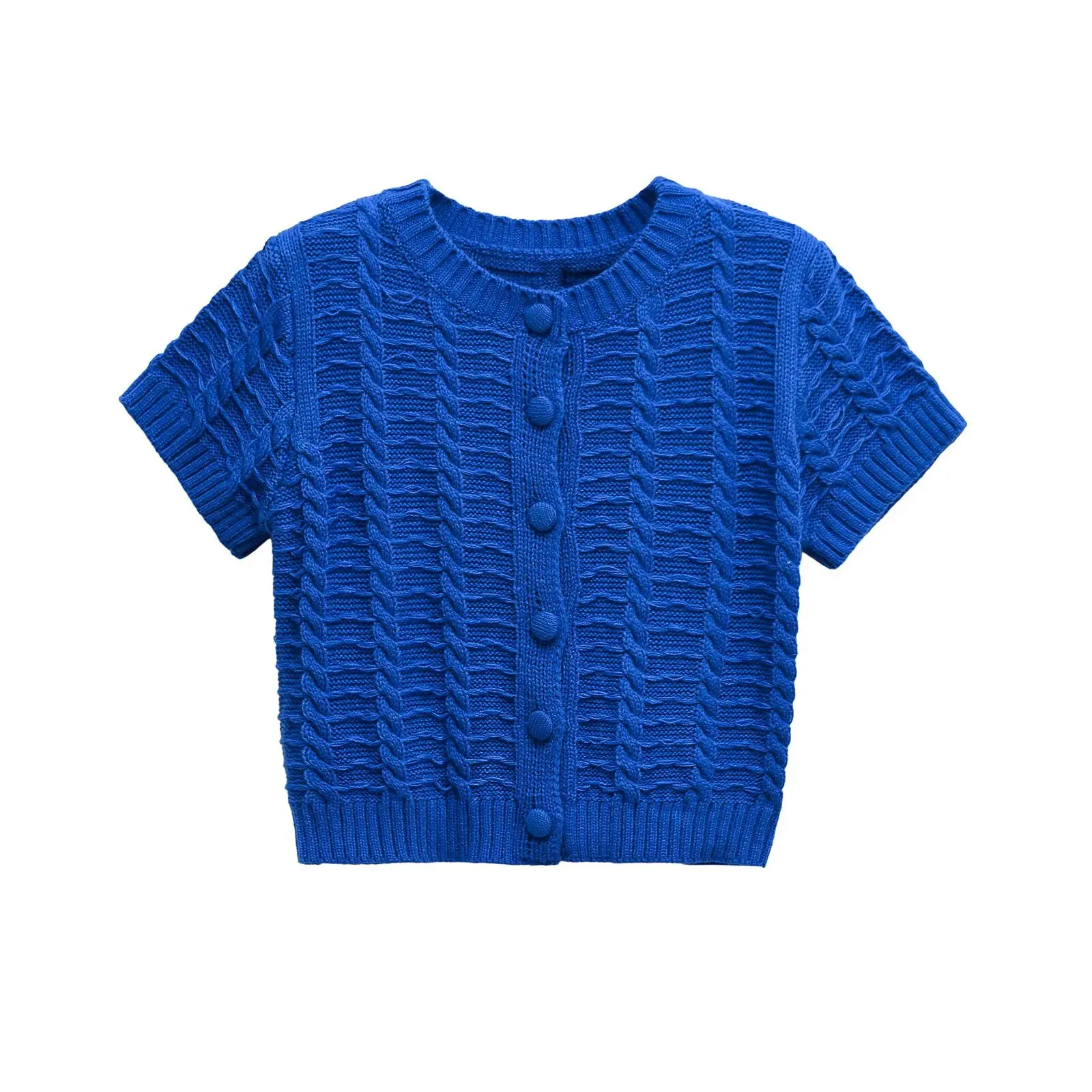Jaquard Knitted Cropped Sweater Women Fashion Casual Single Breasted O-Neck Short Sleeve Cardigan Top 2025 Summer Blue Jumper
Jaquard Knitted Cropped Sweater Women Fashion Casual Single Breasted O-Neck Short Sleeve Cardigan Top 2025 Summer Blue Jumper