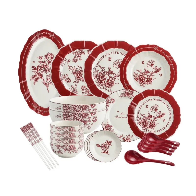 Chinese rose ceramic tableware set, red bowl and plate combination, festive wedding gift.
Chinese rose ceramic tableware set, red bowl and plate combination, festive wedding gift.