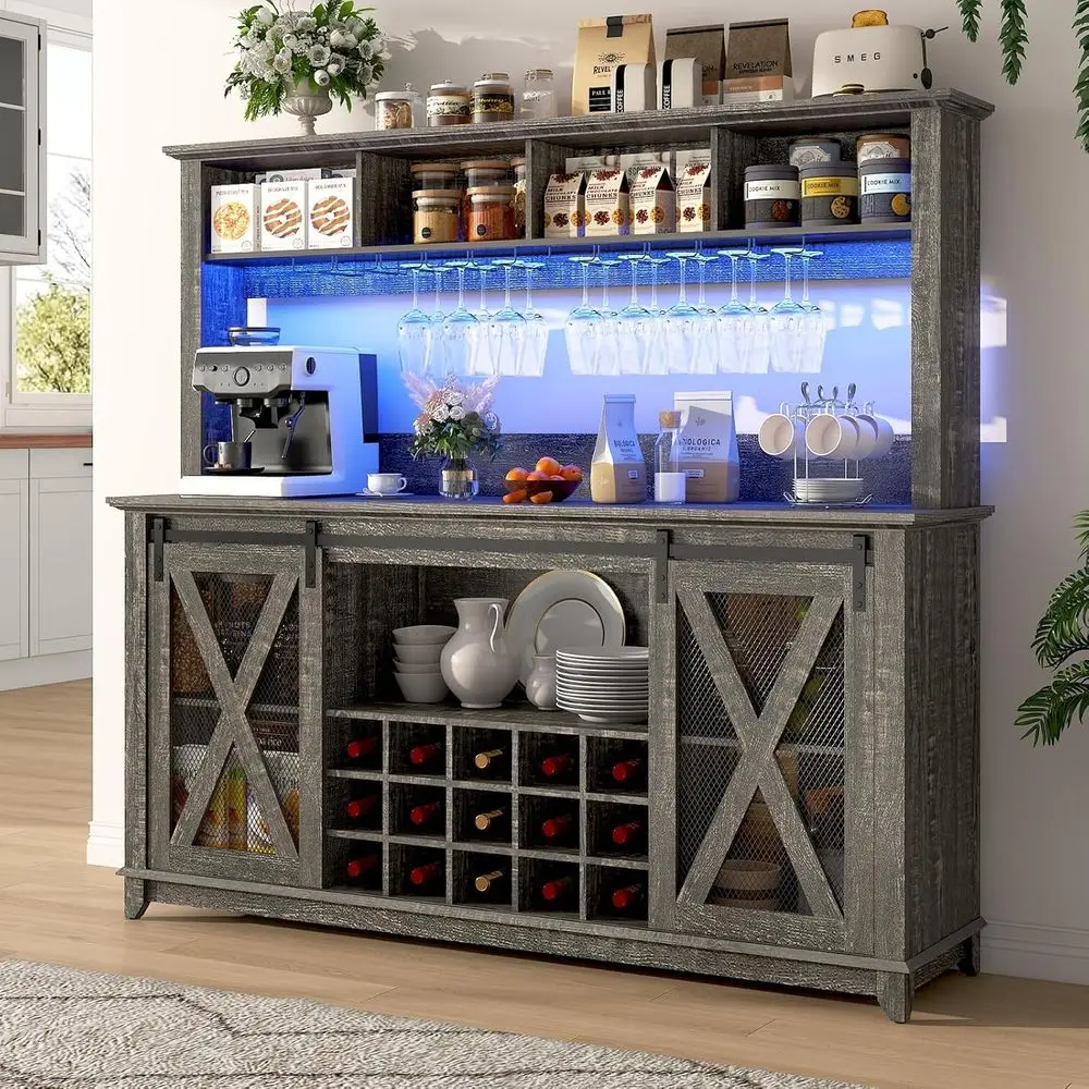Wide 58H Farmhouse Coffee Bar Cabinet with LED Light, Wine Bar Cabinet w 4 Storage Hutch, Kitchen Buffet Cabinet w Sliding Barn
Wide 58H Farmhouse Coffee Bar Cabinet with LED Light, Wine Bar Cabinet w 4 Storage Hutch, Kitchen Buffet Cabinet w Sliding Barn