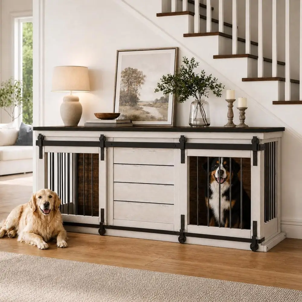 62 Heavy-Duty Solid Wood Double Dog Crate with Removable Divider, Sliding Door, and Vintage Industrial Design
62 Heavy-Duty Solid Wood Double Dog Crate with Removable Divider, Sliding Door, and Vintage Industrial Design