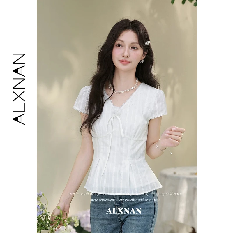 ALXNAN White Striped V-neck Shirt with Lace Trim 3D Rose Decoration Short Sleeve Blouses Summer Elegant Women's Tops L639101A
ALXNAN White Striped V-neck Shirt with Lace Trim 3D Rose Decoration Short Sleeve Blouses Summer Elegant Women's Tops L639101A