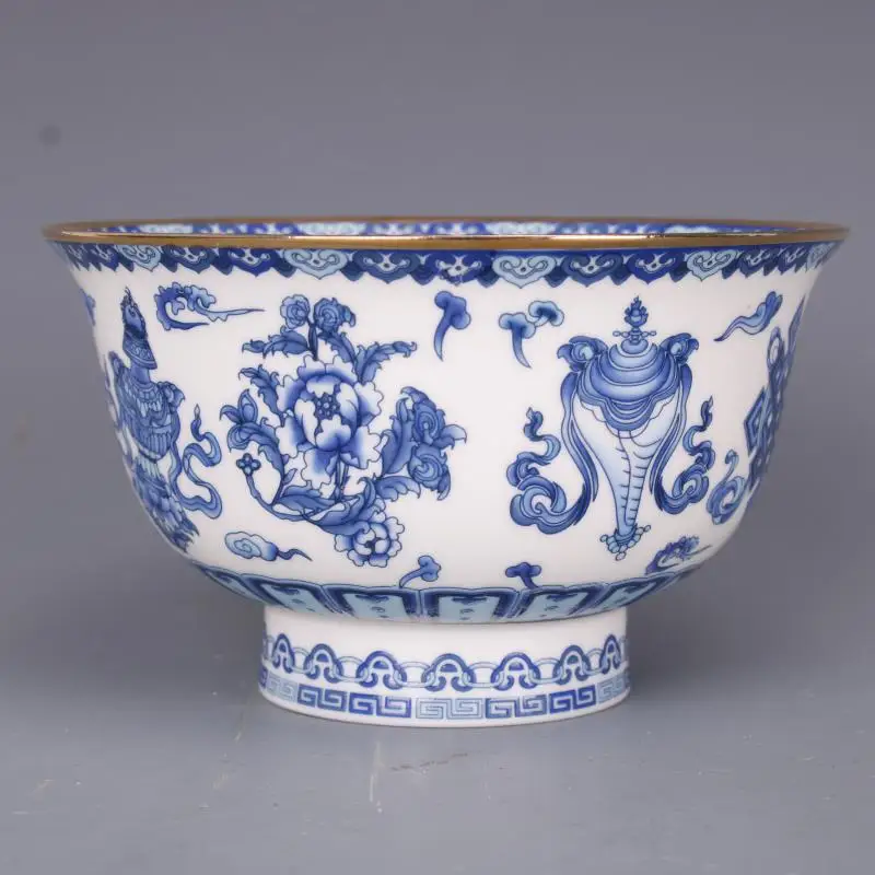 Qing Dynasty Qianlong Blue And White Bowl Gold Border Eight Treasures Pattern Bowl Antique Handicraft Porcelain Household Goods
Qing Dynasty Qianlong Blue And White Bowl Gold Border Eight Treasures Pattern Bowl Antique Handicraft Porcelain Household Goods