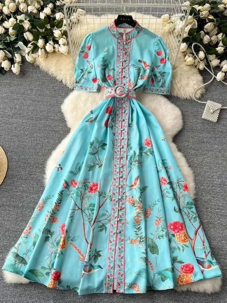 Women's Stand Collar Puff Sleeve Single Breasted French Floral Print Belt Boho Maxi Dress Summer Beach Linen Long Robe Vestidos
Women's Stand Collar Puff Sleeve Single Breasted French Floral Print Belt Boho Maxi Dress Summer Beach Linen Long Robe Vestidos