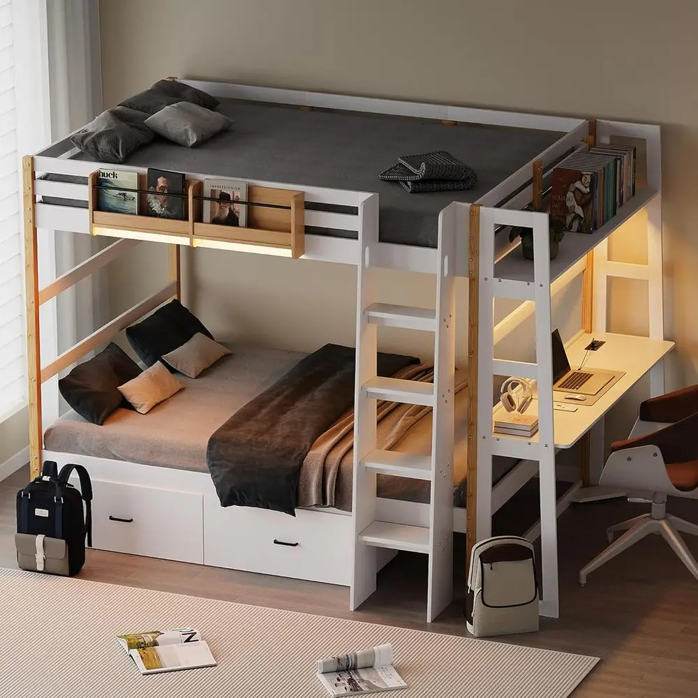 Twin Over Twin Wooden Bunk Bed with Desk, Charging Station, LED Lights, Ladders, and Storage Drawers for Kids, Sturdy and Space-
Twin Over Twin Wooden Bunk Bed with Desk, Charging Station, LED Lights, Ladders, and Storage Drawers for Kids, Sturdy and Space-