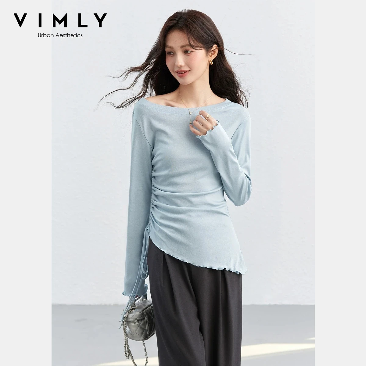 VIMLY Women’s Off Shoulder Long Sleeve T-Shirt 2026 Spring New Elegant Blue Drawstring Waist Asymmetrical Hem Casual Top 30632
VIMLY Women’s Off Shoulder Long Sleeve T-Shirt 2026 Spring New Elegant Blue Drawstring Waist Asymmetrical Hem Casual Top 30632