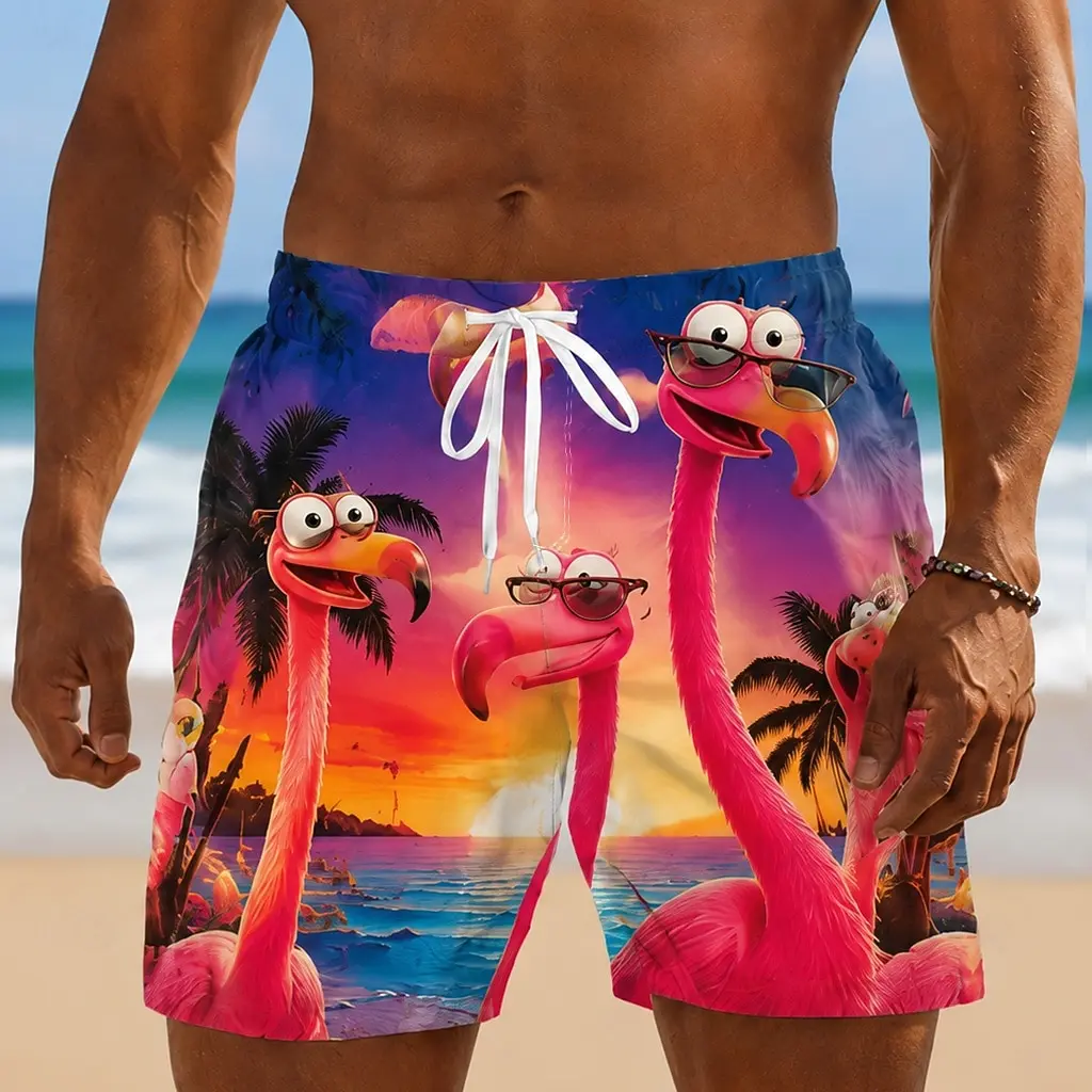 Men's Spring Summer Casual Shorts, Cartoon Flamingo Sunset Print Drawstring Swim Trunks for Holiday Beach & Casual Wear
Men's Spring Summer Casual Shorts, Cartoon Flamingo Sunset Print Drawstring Swim Trunks for Holiday Beach & Casual Wear