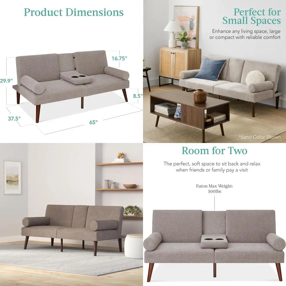 Upholstered Convertible Sofa Bed with Cupholders, Small Couch, Rounded Armrests, Gray
Upholstered Convertible Sofa Bed with Cupholders, Small Couch, Rounded Armrests, Gray