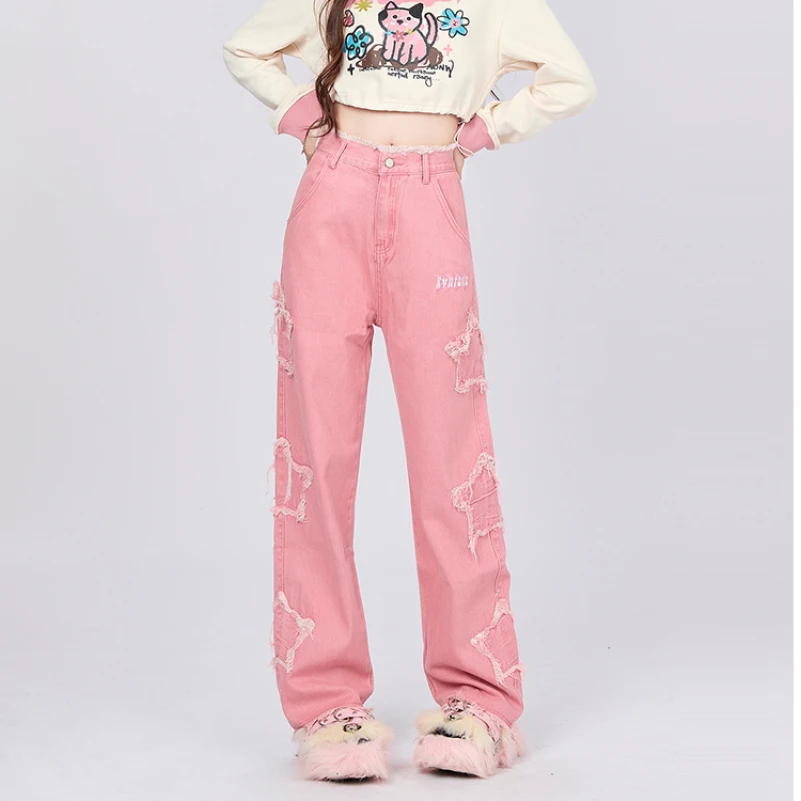 American Sweet Retro Pink Jeans Y2k Woman Star Embroidery Raw Edge Women's Pants High Waist Straight Cylinder Wide Pants Ladies
American Sweet Retro Pink Jeans Y2k Woman Star Embroidery Raw Edge Women's Pants High Waist Straight Cylinder Wide Pants Ladies