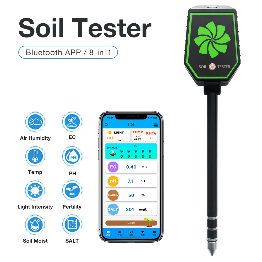 Digital Bluetooth 8 in 1 Soil Tester Soil Air Humidity EC Temp PH Light Intensity Fertility Moist Salt Meter for Flower Plants