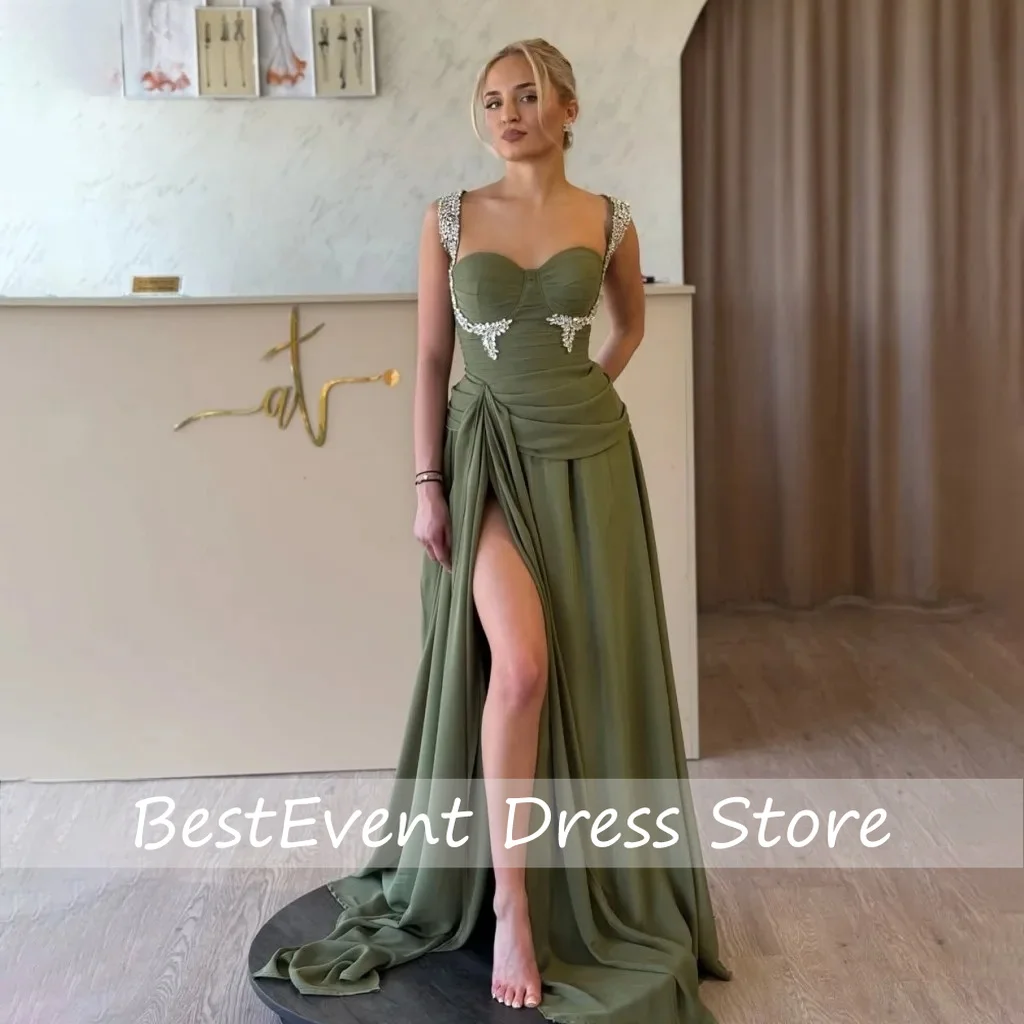 Sevintage Olive Green Sweetheart Evening Dress Beaded Straps High Slit Chiffon Floor Length Dubai Formal Party Gowns Customized
Sevintage Olive Green Sweetheart Evening Dress Beaded Straps High Slit Chiffon Floor Length Dubai Formal Party Gowns Customized
