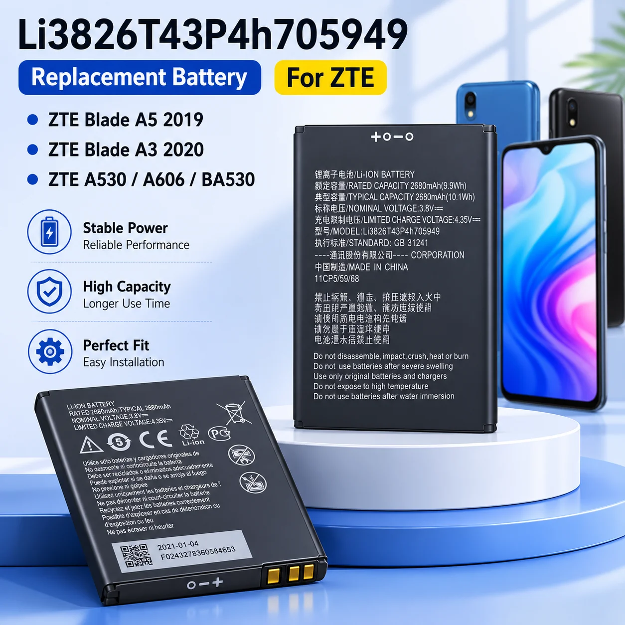 Li3826T43P4h705949 Battery for ZTE Blade A5 2019 A3 2020 A530 A606 BA530 BA606 Rechargeable Mobile Phone Cell Repair Part
Li3826T43P4h705949 Battery for ZTE Blade A5 2019 A3 2020 A530 A606 BA530 BA606 Rechargeable Mobile Phone Cell Repair Part