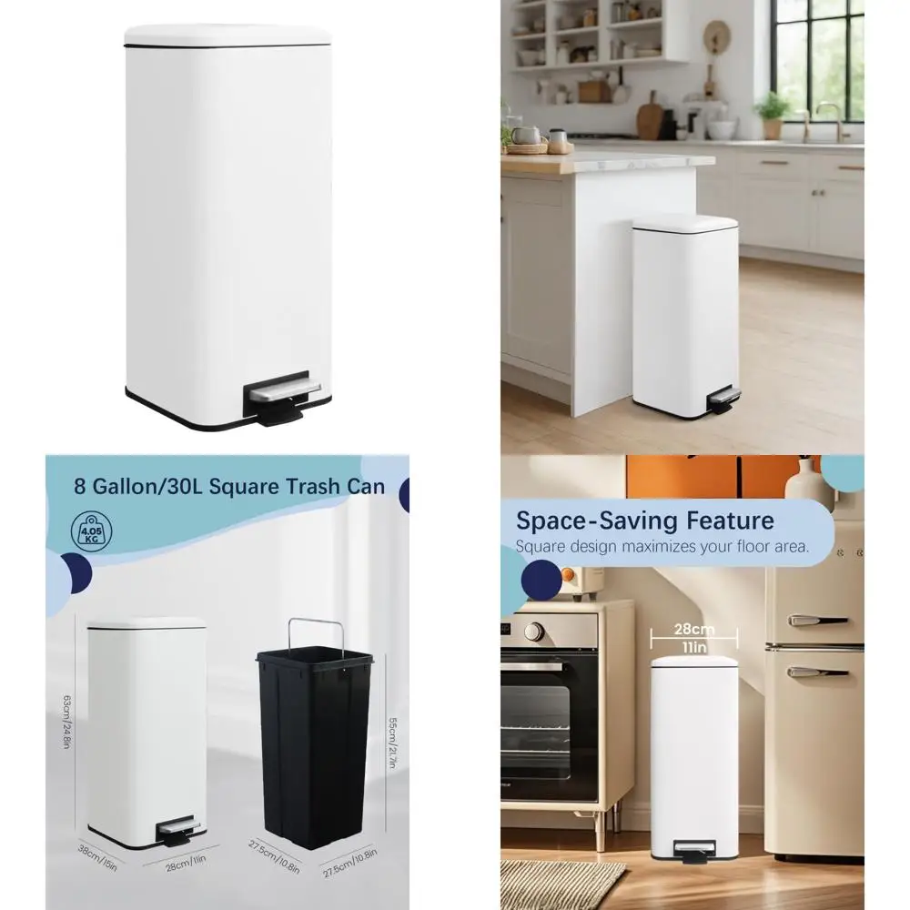 Белый квадратный кухонный мусорный бак объемом 30 л с мягкой крышкой и педалью из нержавеющей стали
Белый квадратный кухонный мусорный бак объемом 30 л с мягкой крышкой и педалью из нержавеющей стали