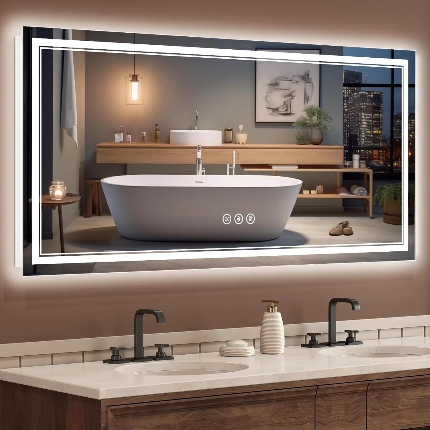 New LED Bathroom Mirror 72x36 Inch with Front and Backlit CRI 90+ 3 Colors & Stepless Dimmable Lighted Bathroom Mirror
New LED Bathroom Mirror 72x36 Inch with Front and Backlit CRI 90+ 3 Colors & Stepless Dimmable Lighted Bathroom Mirror