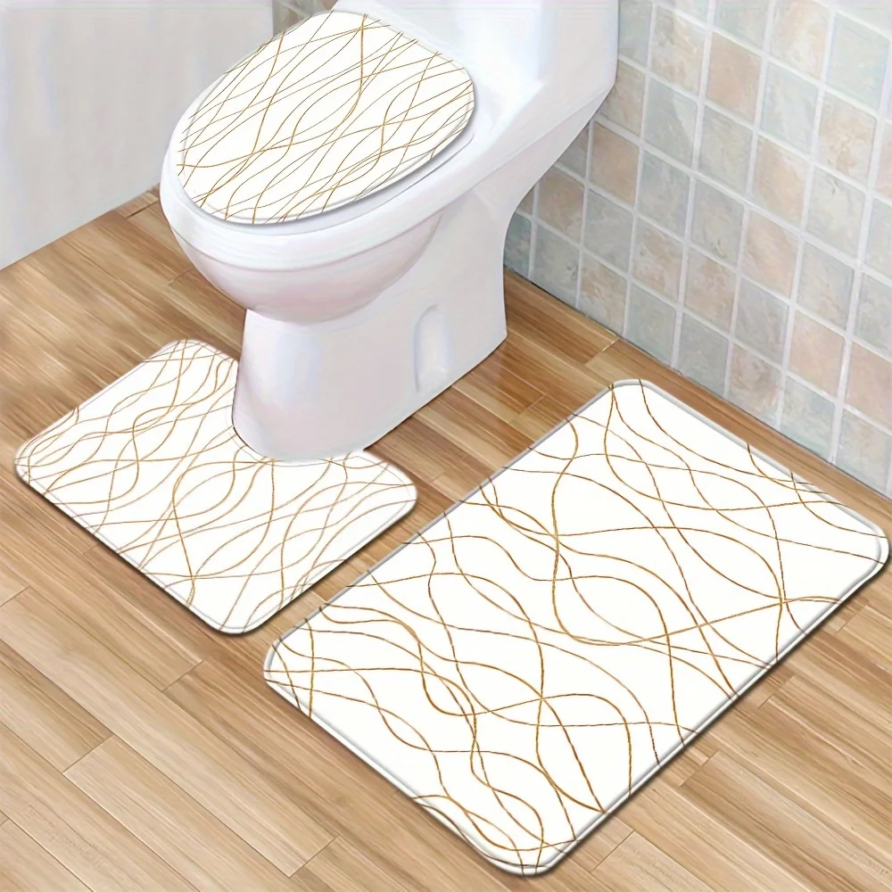 3Pcs White and Gold Line Bathroom Mat Set, Includes Toilet Lid Cover, U-Shaped Rug and Bath Mat, Absorbent Non-Slip Floor Decor
3Pcs White and Gold Line Bathroom Mat Set, Includes Toilet Lid Cover, U-Shaped Rug and Bath Mat, Absorbent Non-Slip Floor Decor