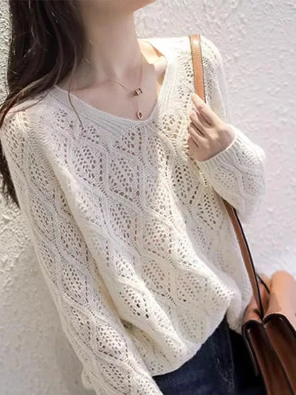 Spring Autumn Hollow out Versatile Knitted Cover up Women's Thin Loose Lazy Korean Style Age Reduction Design V Neck Top
Spring Autumn Hollow out Versatile Knitted Cover up Women's Thin Loose Lazy Korean Style Age Reduction Design V Neck Top