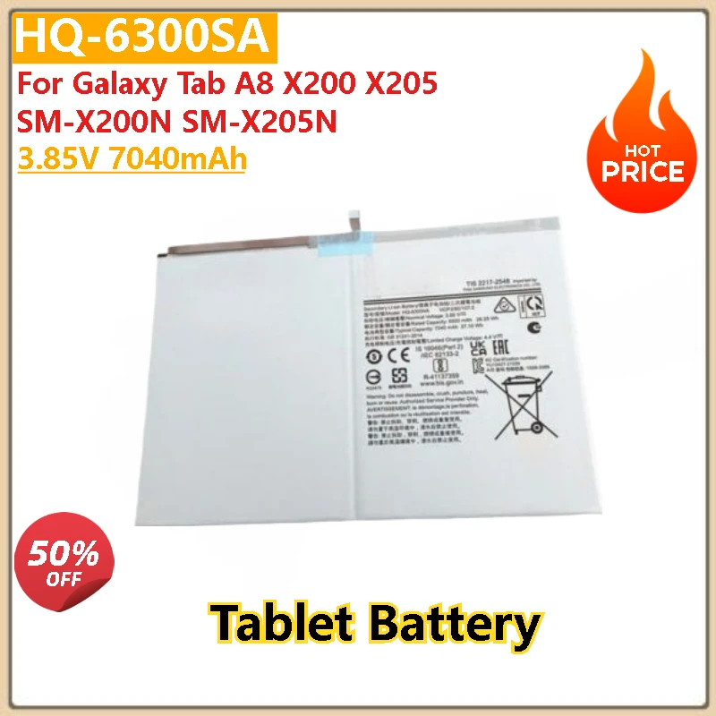 100% New High Quality 3.85V 7040mAh Replacement Tablet Battery HQ-6300SA For Galaxy Tab A8 X200 X205 SM-X200N SM-X205N
100% New High Quality 3.85V 7040mAh Replacement Tablet Battery HQ-6300SA For Galaxy Tab A8 X200 X205 SM-X200N SM-X205N