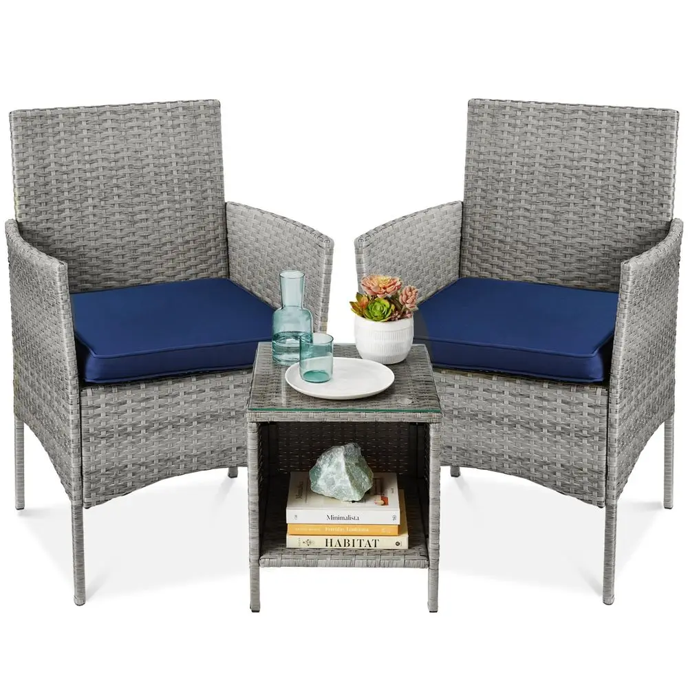 3Piece Outdoor Wicker Conversation Bistro Set, Space Saving Patio Furniture for Garden w Side Table Gray Navy
3Piece Outdoor Wicker Conversation Bistro Set, Space Saving Patio Furniture for Garden w Side Table Gray Navy