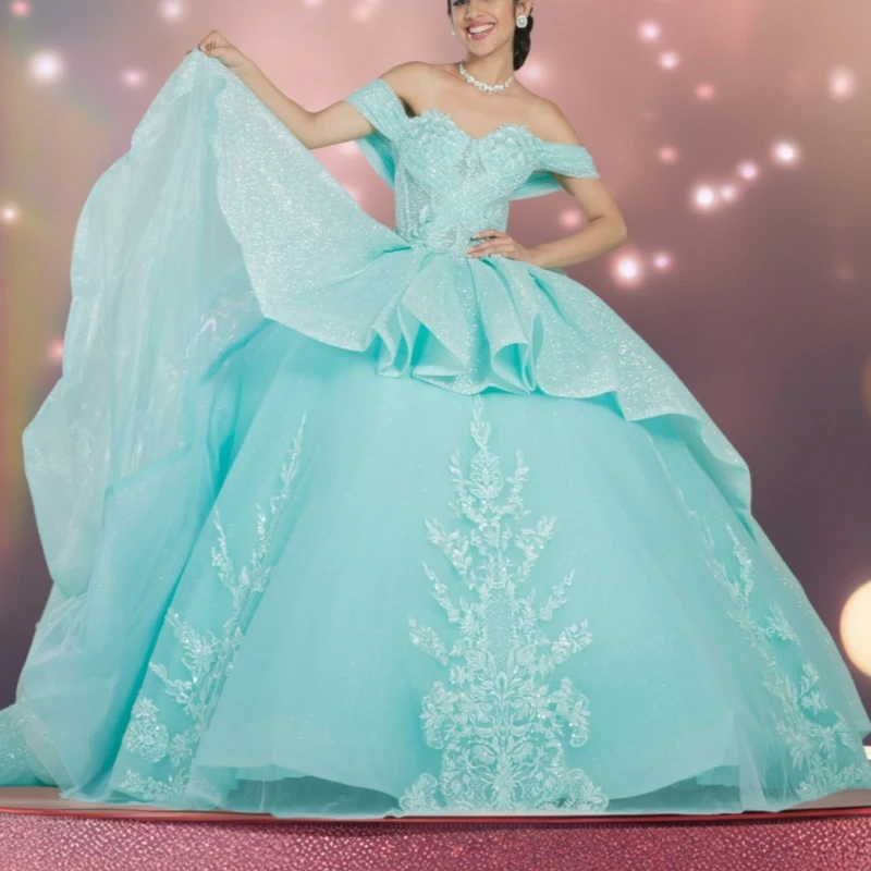 Aqua Blue Shiny Quinceanera Dresses Off The Shoulder Applique Lace Beads Tull Party Birthday Sweet 16 Dress Vestidos 15 De Anos
Aqua Blue Shiny Quinceanera Dresses Off The Shoulder Applique Lace Beads Tull Party Birthday Sweet 16 Dress Vestidos 15 De Anos