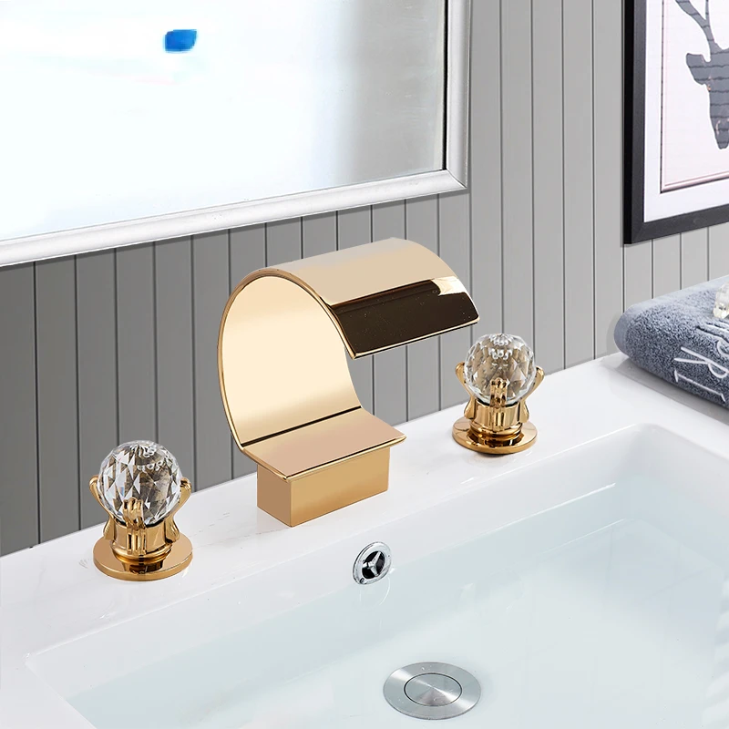 3Pcs Golden Bathroom Basin Faucet Crystal Handle Widespread Hot Cold Water Mixer Tap Waterfall Bathroom Faucet Crane Torneiras
3Pcs Golden Bathroom Basin Faucet Crystal Handle Widespread Hot Cold Water Mixer Tap Waterfall Bathroom Faucet Crane Torneiras