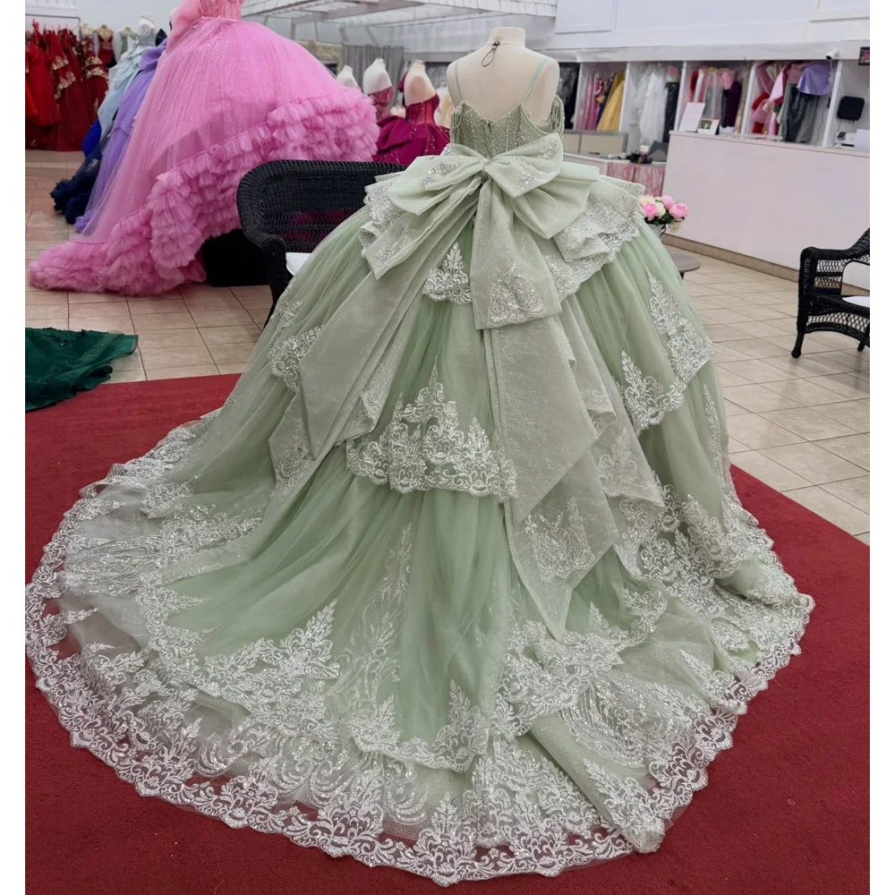 Mint Green Quinceanera Dresses With Bow Floral Lace Off-Shoulder Vestidos De 15 Anos Birthday Party Customized
Mint Green Quinceanera Dresses With Bow Floral Lace Off-Shoulder Vestidos De 15 Anos Birthday Party Customized