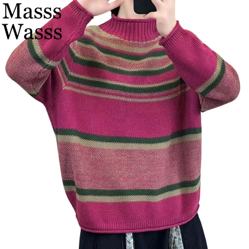 Mass Wasss, зимний полосатый дизайн, пуловер, женская мода, свободные повседневные свитера с воротником, женские теплые вязаные джемперы для отдыха
Mass Wasss, зимний полосатый дизайн, пуловер, женская мода, свободные повседневные свитера с воротником, женские теплые вязаные джемперы для отдыха